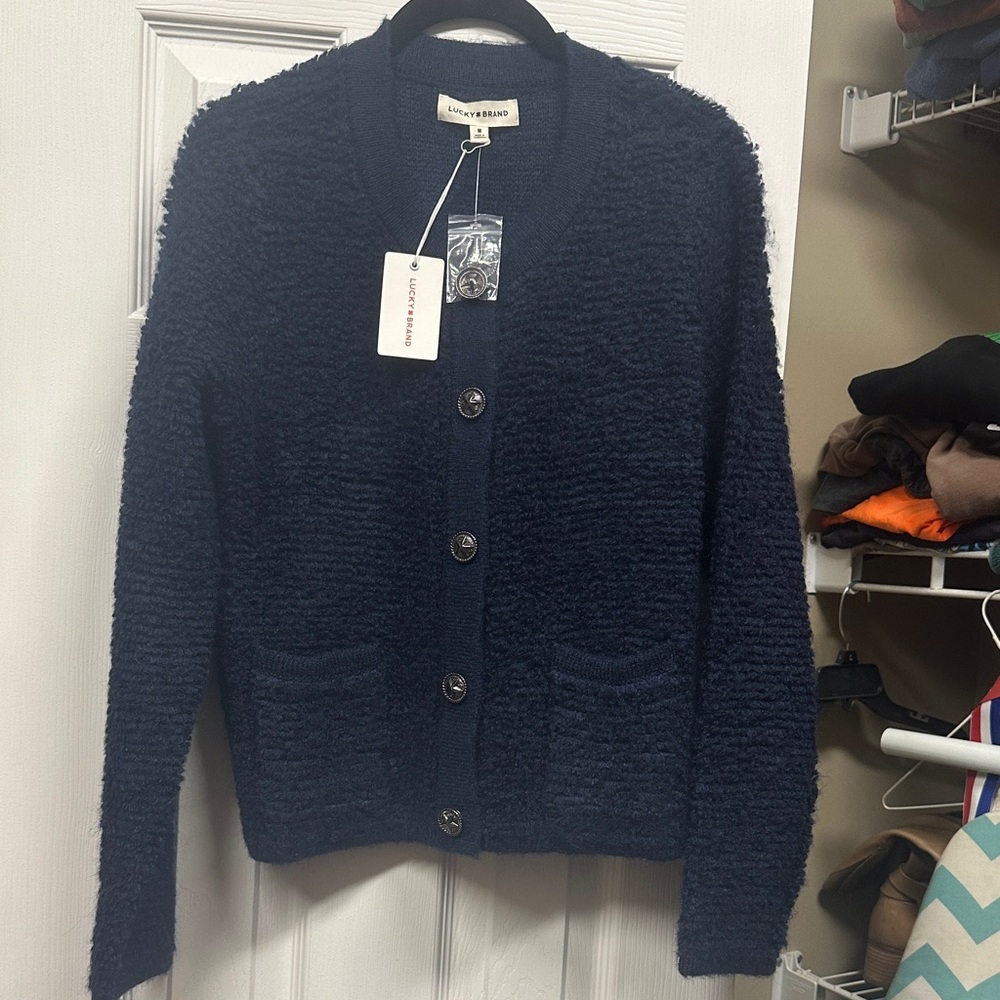 Lucky Brand Navy Bouclé Button Cardigan